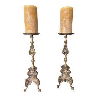 Antique Belle Epoque Bronze Altar Candle Holders-a Pair For Sale