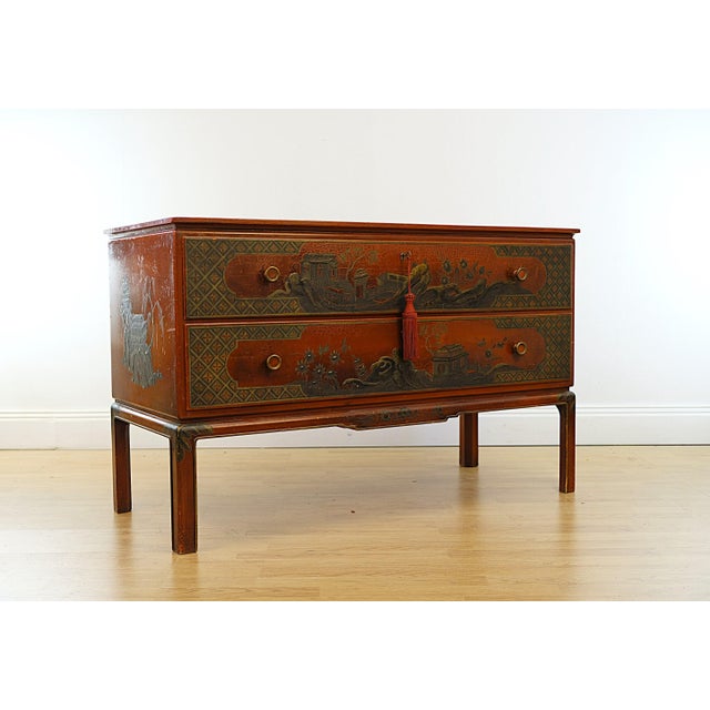 Large Chest with Hand-Painted Red, Gold and Bronze Chinoiserie Motif, Sweden, 1920s For Sale - Image 4 of 8