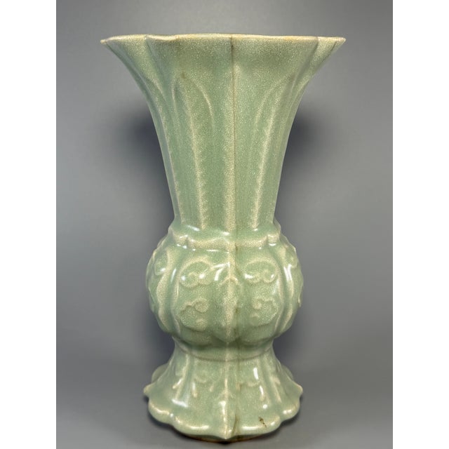Chinese Antique Chinese Celadon Carved Floral Gu‑Form Vase, Collectible Antique For Sale - Image 3 of 5
