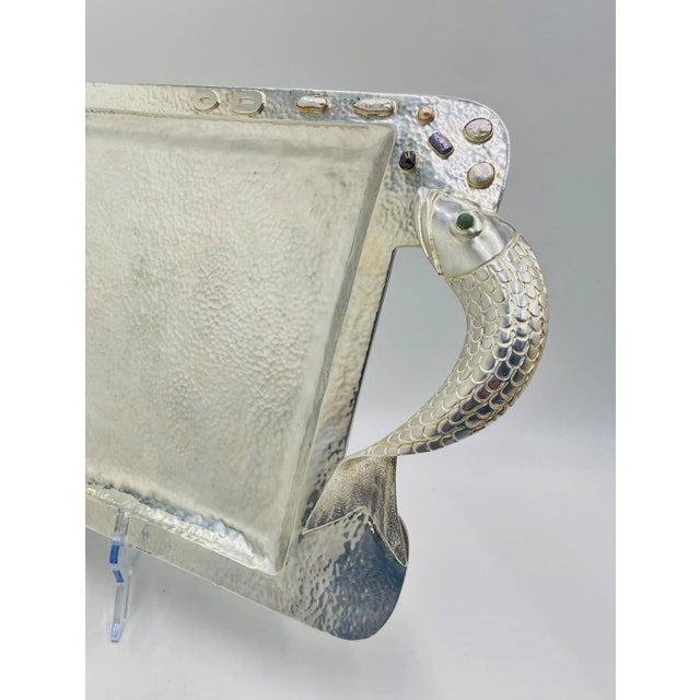 Metal 1980s Emilia Castillo Silver-Plated Serving Tray With Fish Handles & Abalone Inlay For Sale - Image 7 of 18