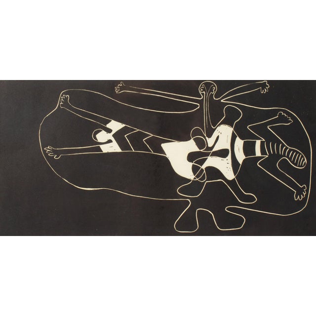 A relief print titled Frustration by artist Jim O'Connor. This piece features several abstract, human-like shapes...
