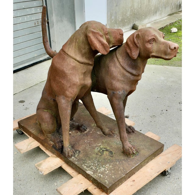 A Pair of Life-size Labradors/ Weathered Cast Iron Statue on a Plinth An adorable pair, one seated the other is standing,...