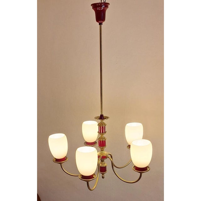 1970s Vintage Chandelier with Brass and Cream-Colored Glass Shades, 1970s For Sale - Image 5 of 7