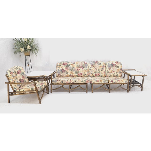 Vogue Rattan Bamboo c1970s Sofa Matching Chair Pair of End Tables 5 Pcs Set Mint For Sale - Image 12 of 18