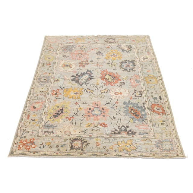 Transitional Contemporary Oushak Transitional Rug Muted Earth Tones & Large Floral Medallions For Sale - Image 3 of 11