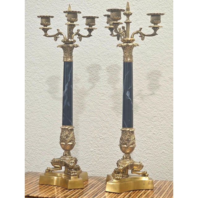 Pair of Vintage 1980s Decorative Crafts Neoclassical Brass & Black Marble Candelabras For Sale - Image 4 of 5