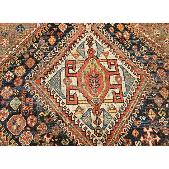 Vintage Persian Qashqai Tribal Area Rug, Hand-Knotted Wool, Geometric Medallions, 4x7, Navy & Red For Sale - Image 18 of 18
