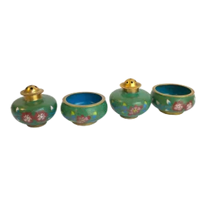 Cloisonné Salt & Pepper Shaker Cellar Green Enamel Floral Red Flower Vintage Set of 4