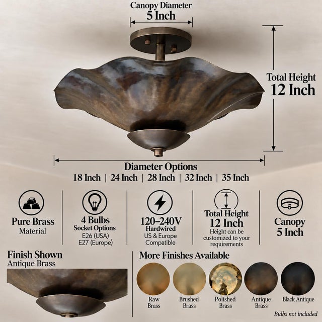 Bring sculptural character to your space with this pure brass ceiling light. Its flowing, petal-inspired shade and antique...