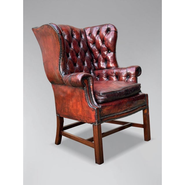 Antique Burgundy Brown Leather Wing Chair, 1880 For Sale - Image 4 of 7