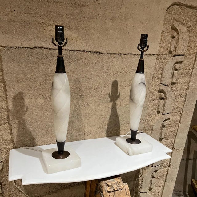 1950s Onyx Table Lamps in White & Gray - a Pair For Sale - Image 13 of 13