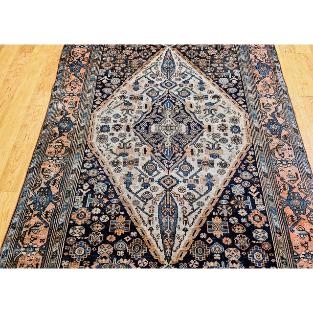 Antique Persian Malayer Area Rug, Hand-Knotted Wool, Geometric Medallion Pattern, Ivory & Navy,5x7 For Sale - Image 11 of 17