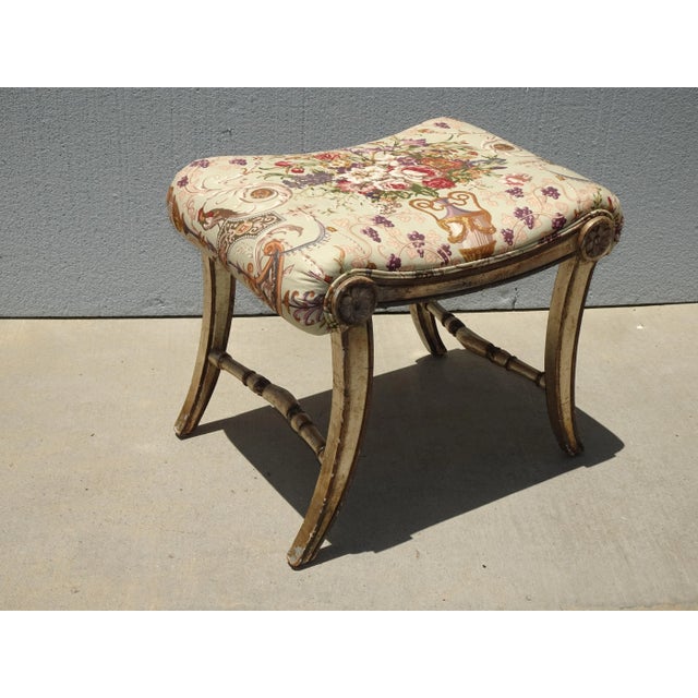 1970s Vintage French Country Floral Vanity Bench W Silver Gilt Base #2 For Sale - Image 5 of 12