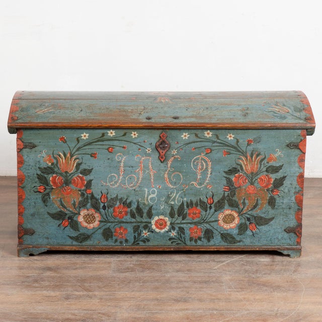 Folk Art Original Swedish Dome Top Hand Painted Blue Pine Trunk Dated 1826 For Sale - Image 3 of 18