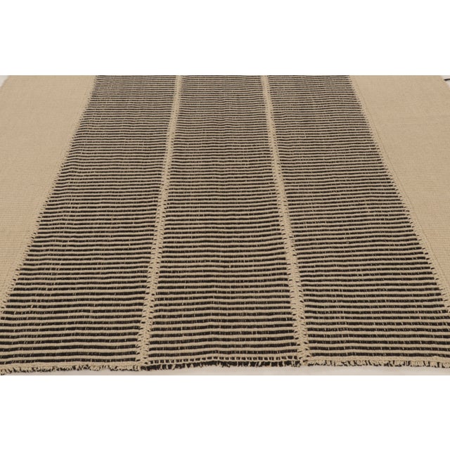 Camel Rug & Kilim Contemporary Rez Kilim Flatweave Rug With Black & Beige Stripes For Sale - Image 8 of 9