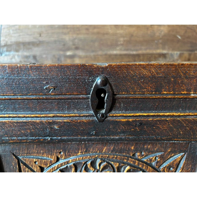 17th Century English Carved Oak Three-Panel Coffer, 1650 For Sale - Image 9 of 11