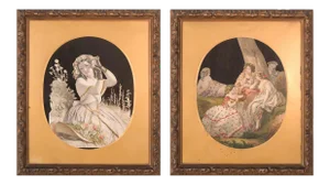 Embossed Victorian Collages, Ink & Textitle on Paper, Framed, Set of 2