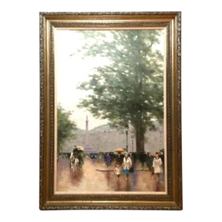 André Gisson Signed Original Paris Street Scene With Figures and Carriage Oil on Canvas, Framed For Sale
