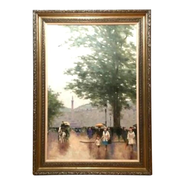 André Gisson Signed Original Paris Street Scene With Figures and Carriage Oil on Canvas, Framed For Sale