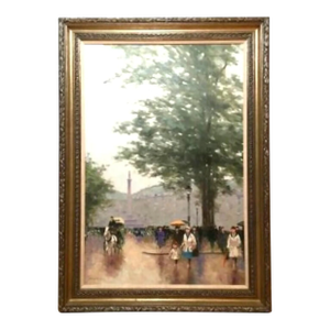 André Gisson Signed Original Paris Street Scene With Figures and Carriage Oil on Canvas, Framed