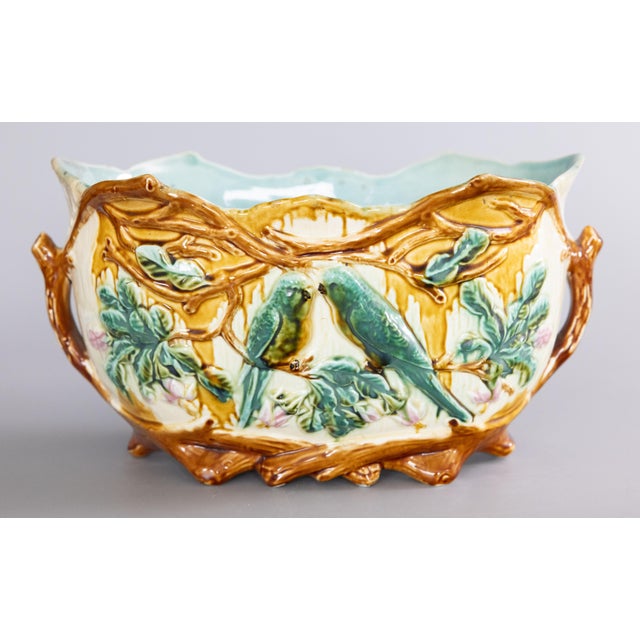 French Antique Onnaing Majolica Love Birds Parakeets Jardiniere Cachepot, Circa 1880 For Sale - Image 3 of 12