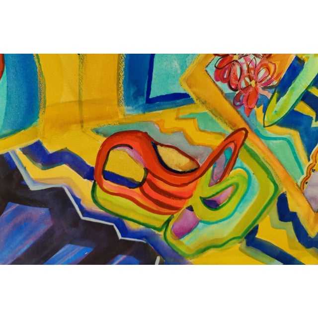 Vintage Whimsical Colorful Abstract Floral Geometric Original Watercolor Signed Vicki Silva For Sale In Phoenix - Image 6 of 11
