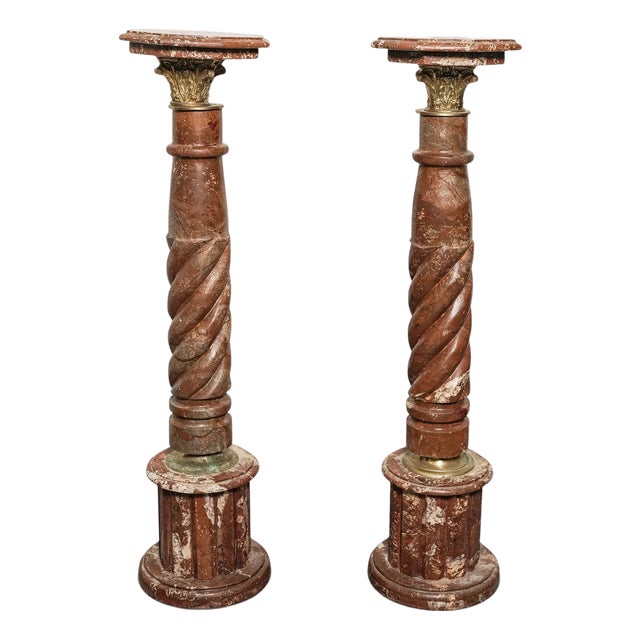 Pair of Antique Rouge Marble Twisted Pedestals For Sale