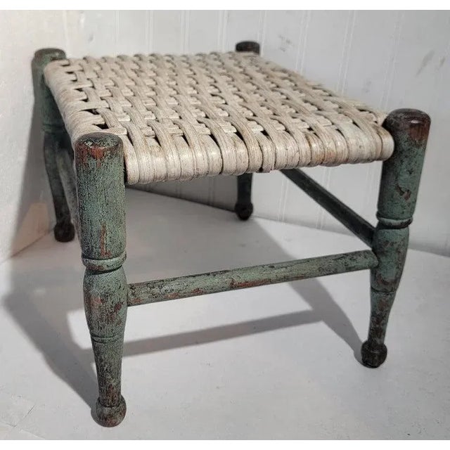 19Thc Original blue painted foot stool from New England.The original woven splint top is in a original white washed...