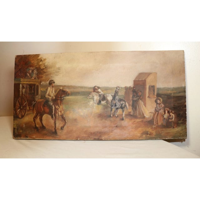 Brown Antique Original Traveling Horse Back Carriage Stylized Oil Painting on Canvas For Sale - Image 8 of 10