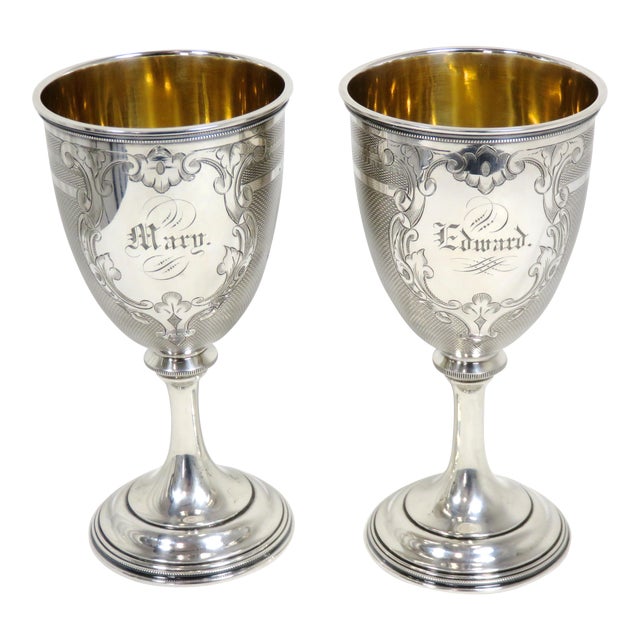 1850s American Coin Silver 'Edward and Mary' Wedding Set Goblets - a Pair For Sale