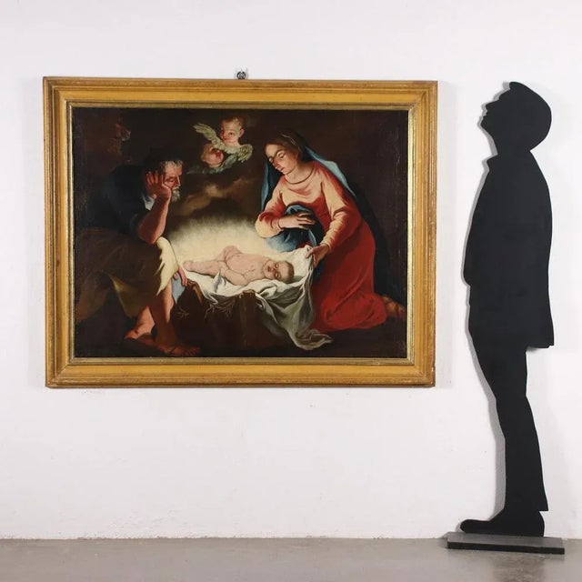 Oil on canvas. Northern Italy school. The depiction of the Nativity is seen here as a contemplative moment of the Holy...