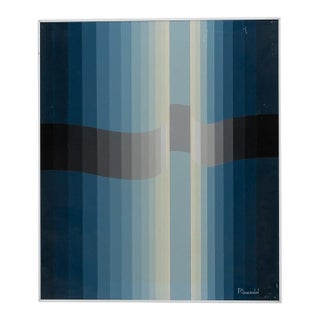 20th Century Belgian Baby Blue Striped Abstract Vintage Painting With Metal Frame by Rene Berdal For Sale