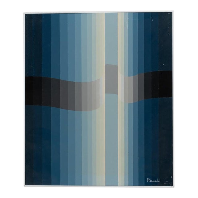 20th Century Belgian Baby Blue Striped Abstract Vintage Painting With Metal Frame by Rene Berdal For Sale