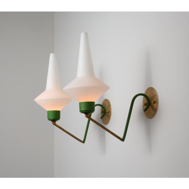 Metal Large Italian Brass and Green‑Lacquered Wall Lamps with Opaline Glass Shades, 1950s, Set of 2 For Sale - Image 7 of 12