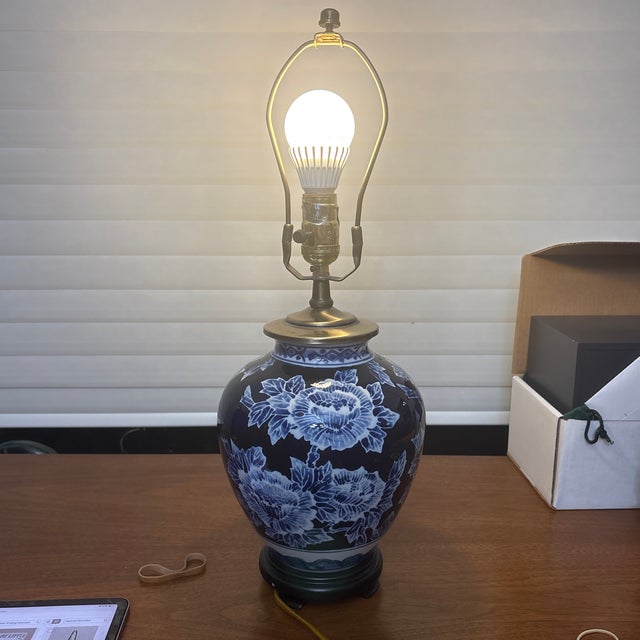 Blue and White Batik- Look Printed Hydrangeas Ginger Jar Lamp. This lamp is a traditional style With a modern looking...