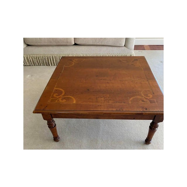 English Vintage English Rectangular Coffee Table With Inlaid Satinwood Fleur-De-Lis For Sale - Image 3 of 4