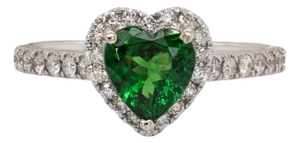 1ct Heart Shape Tsavorite Garnet Ring Size 6.75 With Natural Diamonds: 14k White Gold