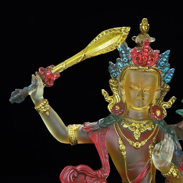 Glass Vintage Liuli Glass Manjushri Bodhisattva Sculpture For Sale - Image 7 of 10