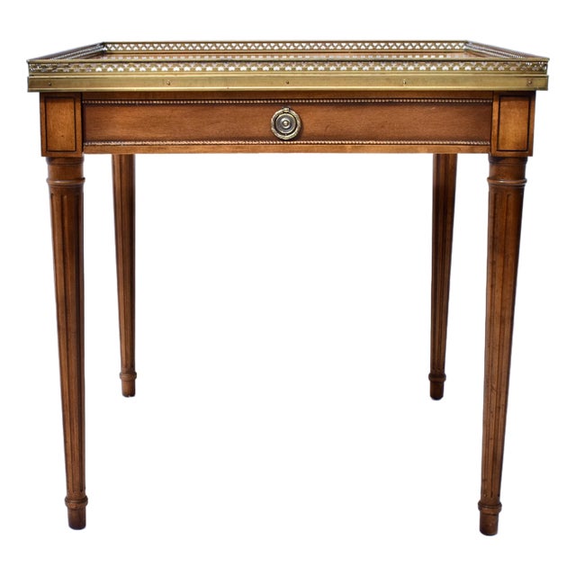 Vintage Baker Furniture French Louis XVI Style Walnut Accent Table Brass Gallery For Sale