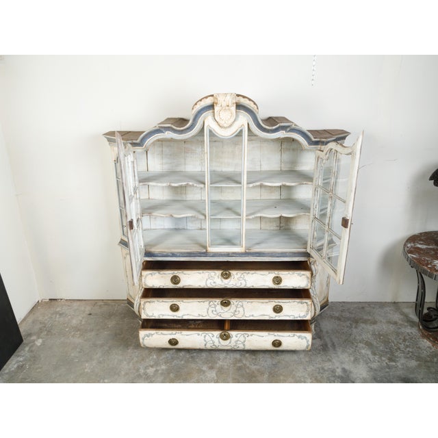 19th Century 19th Century Large Rococo Style Painted Wood Dutch Cabinet with Glass Doors and Bombé Chest For Sale - Image 5 of 11