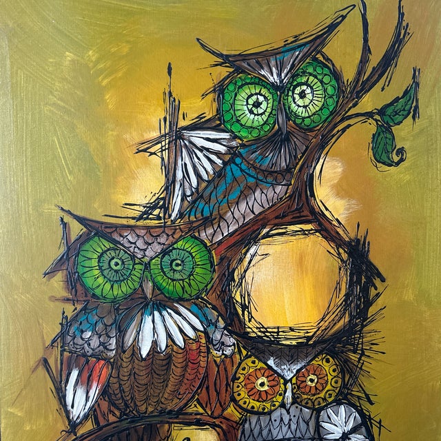 1970’s mid century modern expressionist owl painting on canvas. Signed and framed. Overall measures approximately 31x49.5....
