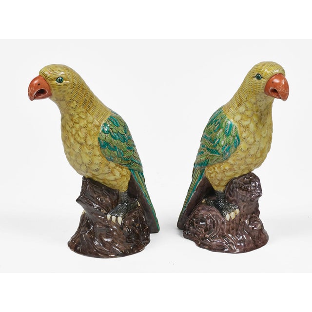 Mid 19th Century Pair Large Chinese Yellow Green Parrots For Sale - Image 5 of 7