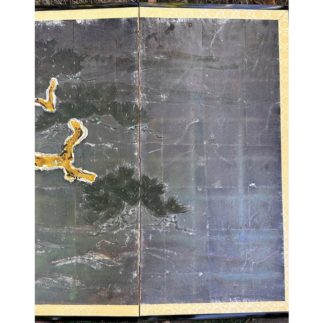 Vintage Japanese Four-Panel Hand-Painted Silver Leaf Pine Tree Folding Screen For Sale In Denver - Image 6 of 16
