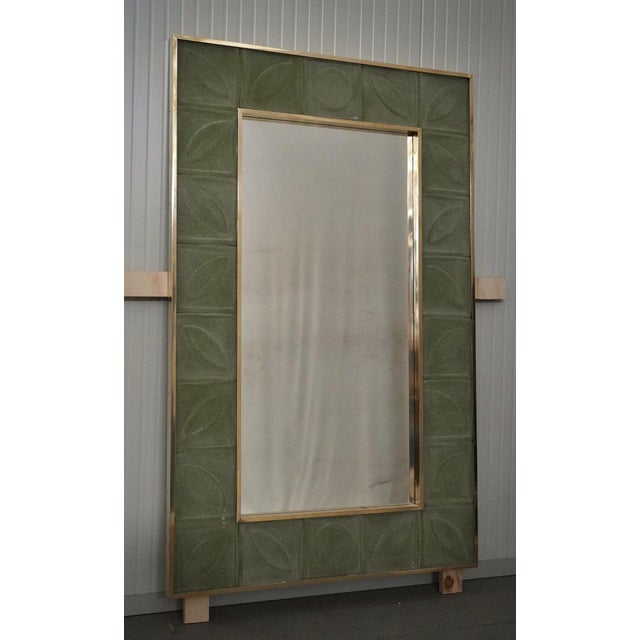 Mid-Century Italian Murano Green Art Glass and Brass Console Wall Mirror For Sale - Image 6 of 11