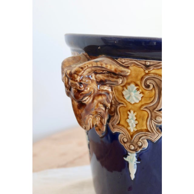 Antique Fives-Lille Cachepot in Blue Glazed Ceramic with Neo-Renaissance Decor by Gustave De Bruyn, 19th Century For Sale - Image 6 of 11