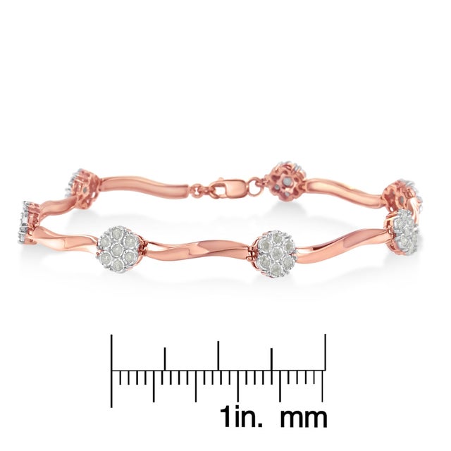 .925 10k Rose Gold Over Sterling Silver 1.0 cttw Diamond Floral Link Bracelet (I-J Color,I3 Clarity) For Sale In New York - Image 6 of 6