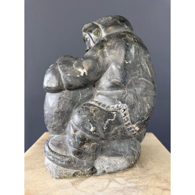 Gray 1960s Inuit Hunter With Seal – Canadian Arctic Soapstone Sculpture For Sale - Image 8 of 9