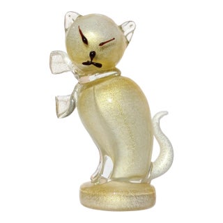 Vintage Murano Barbini White Gold Flecks Black Accents Italian Art Glass Kitty Cat Figurine Sculpture For Sale