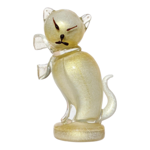 Vintage Murano Barbini White Gold Flecks Black Accents Italian Art Glass Kitty Cat Sculpture Figurine