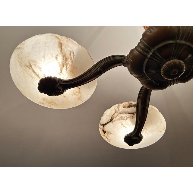 Large Art Deco Alabaster and Bronze Chandelier, 1930s For Sale - Image 10 of 18